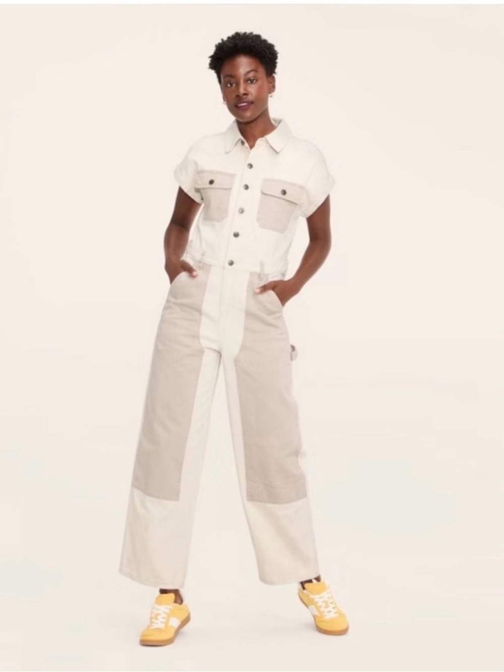 Woolrich Two-Tone Short-Sleeve Utility Jumpsuit — Cream & Tan